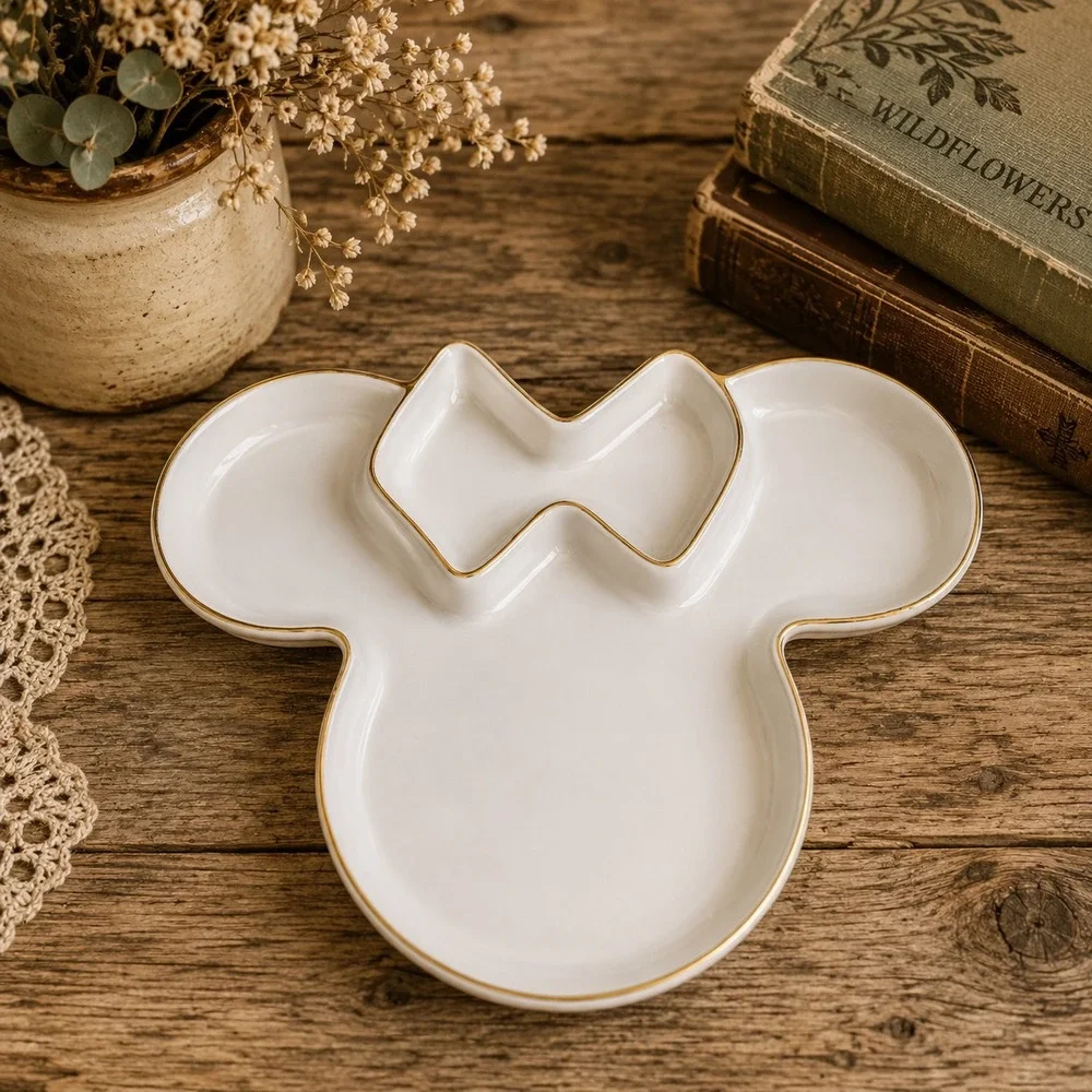 Disney Minnie Mouse Ceramic Trinket Tray White Gold Rim Jewelry Dish FAC0-7996-9